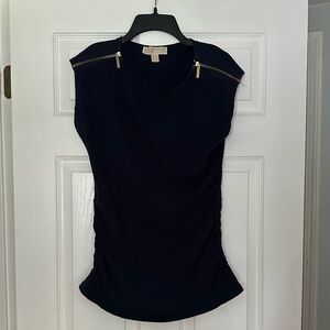 Michael Kors Navy Blue Top with Zippers and Ruching